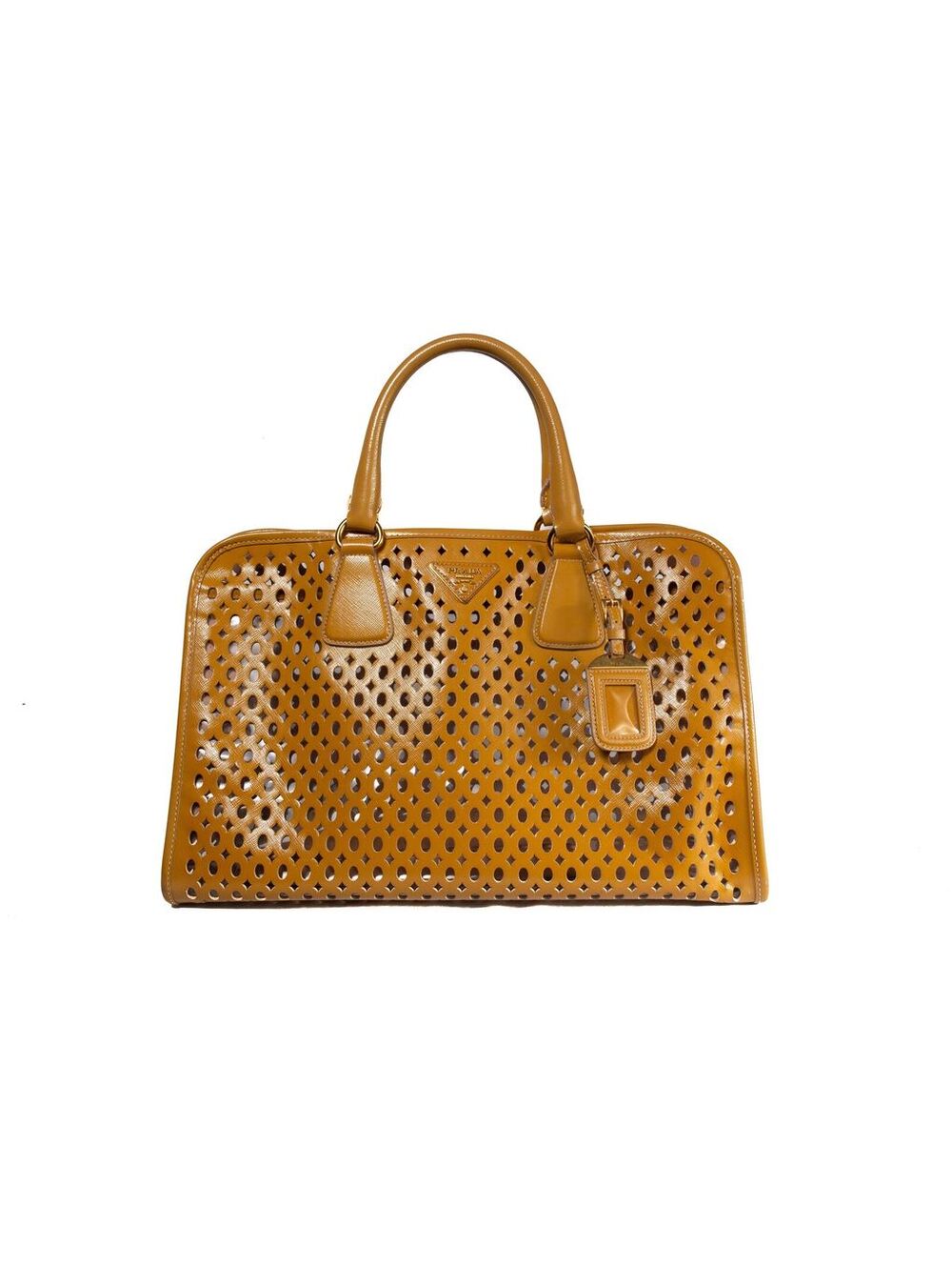 Prada Saffiano Fori Leather Perforated Tote in Mustard